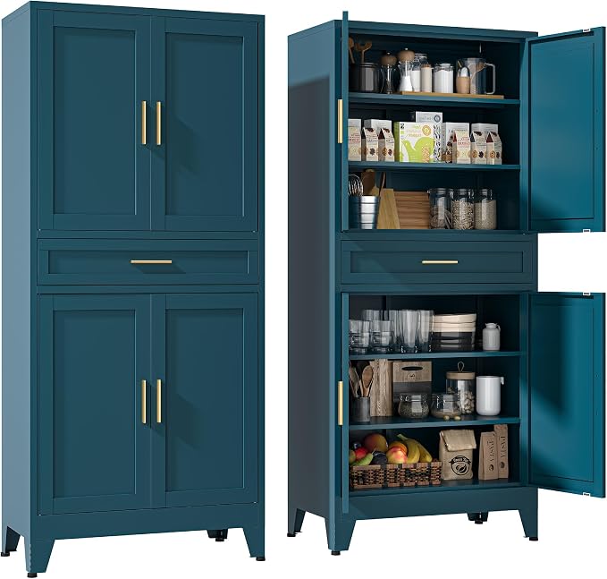 YAUWOH 71''Tall Kitchen Pantry Cabinet with Drawer,6-Tiers Metal Pantry Storage Cabinet with 4 Adjustable Shelves and 4 Barn Doors, Freestanding Farmhouse Food Cupboard for Dining Room (1PC,Blue)