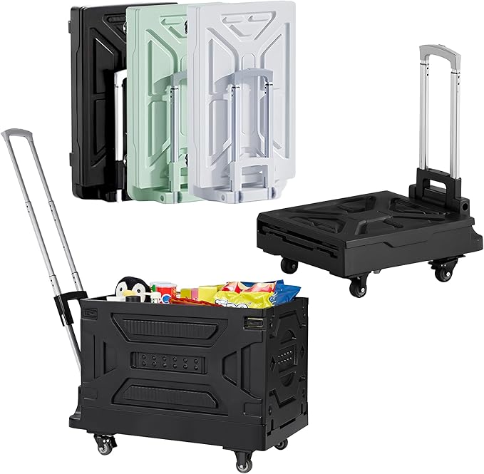 VECELO 23 GAL 2-in-1 Foldable Shopping Cart, Collapsible Utility Cart with Adjustable Handle & 360° Wheels, Dual-Mode Rolling Crate (Basket/Flatbed) for Groceries, Camping, Compact Storage, Black