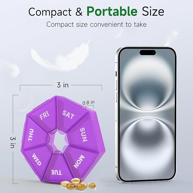 Weekly Pill Organizer, 2 Pack Portable Travel Pill Box, 7 Day Pill Case | Easy Open, BPA-Free, Arthritis Friendly Medicine Pill Container, Medicine Case for Vitamins,Supplements Medications, Purple