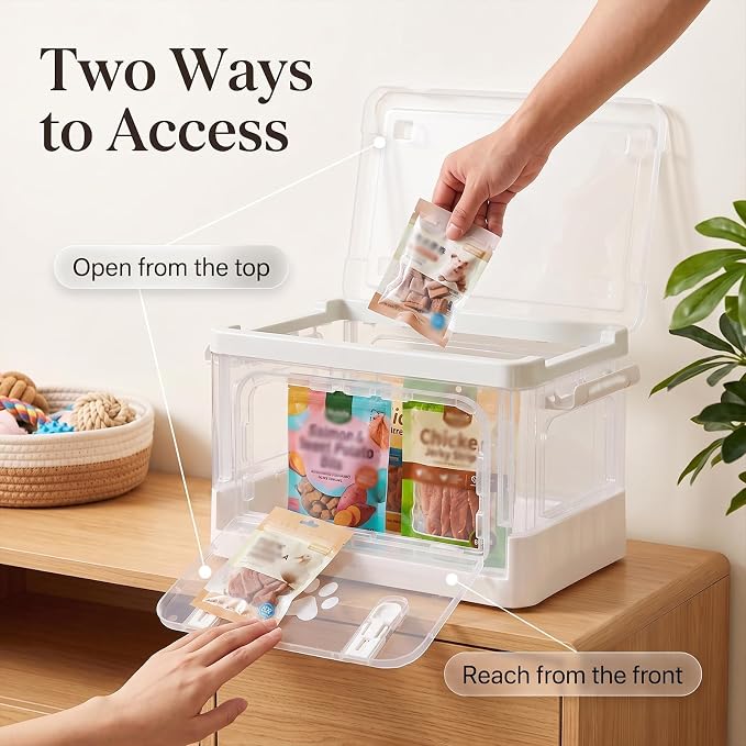 Collapsible Dog Storage Organizer, Clear Dog Treat Container with Cover, Plastic Pet Stuff Organizer with Front Opening Door, Ideal for Organizing Dog Cat Snack, Toys, Supplements, Can Food