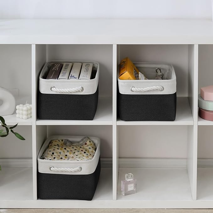 Storage Basket for Organizing - 3 Pack 13.8x9.8x6.7 inch Medium Collapsible Storage Bin for Shelves with Handles Organizer Closet Cubes Cloth Gift Toy (White & Black)
