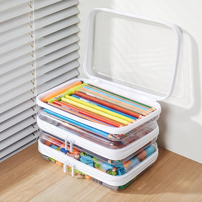 MACOPRO 4PCS Medium Clear Hard Shell Zipper Pouch - Makeup Organizer & Toy Storage Bag for Lego Bricks, Transparent Pencil Case for Stationery, Portable Travel Toiletries Bag