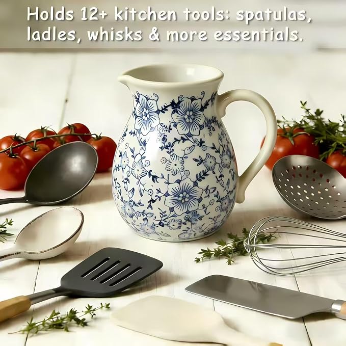 Farmhouse Ceramic Utensil Holder, 6.1"Rustic Cooking Utensil Holder | Utensil Organizer Crock with Handle for Kitchen Counter, Vintage Countertop Home Decor, Flower Pot, Spoon Tool Tray