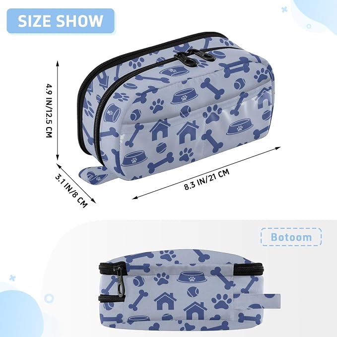 Pet Pawprints Blue print Large Capacity Pencil Case with Zipper Water Resistant Portable Organizer Pen Bag for School Students Office