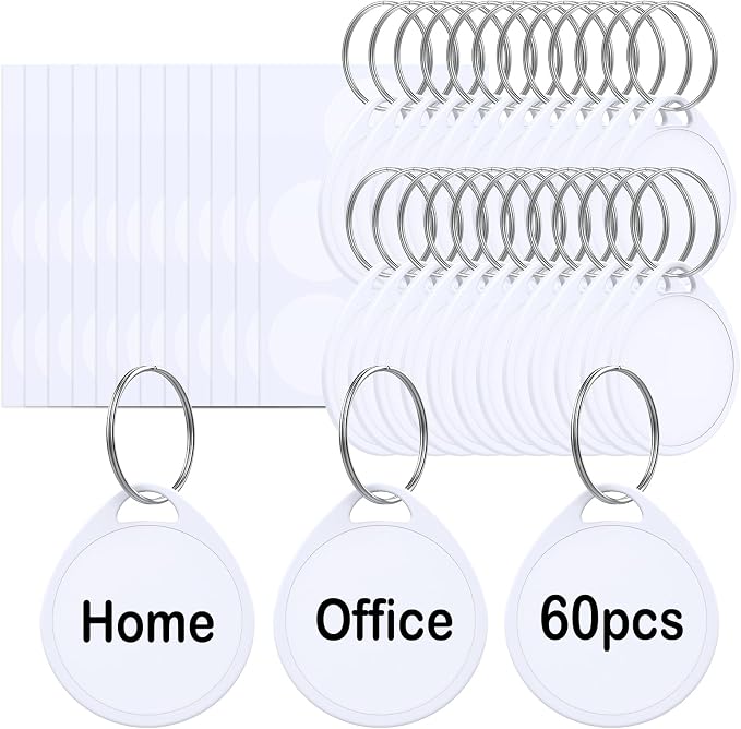 60 Pcs Key Tags 1.5 Inch Tough Plastic Reusable Key Tags Sturdy Round White Item Identifiers with Blank Paper Label Stickers and Split Rings - Ideal for Home,Office and Rental Management Use