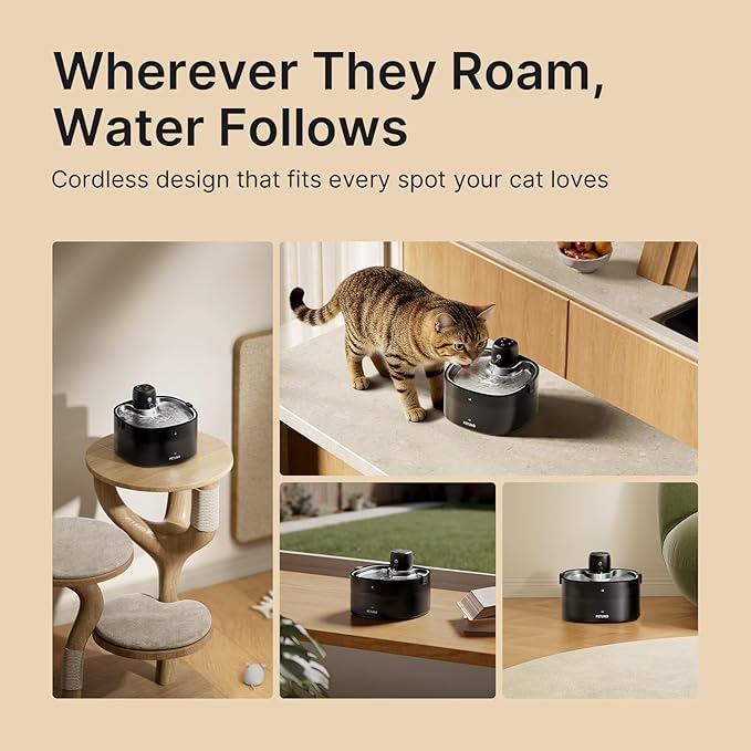 Wireless Cat Water Fountain, Cat Fountain Battery Operated 4000mAh, 78oz/2.3L Pet Water Fountain Cordless with Motion Sensor & Stainless Steel Tray, Quiet Pump & Locking Lid, with 6 Filters