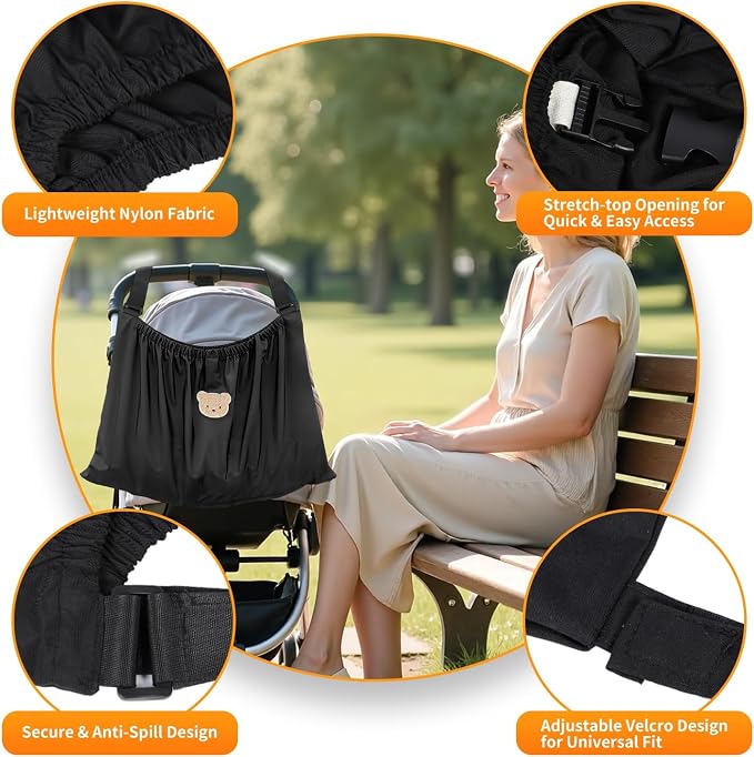 Universal Stroller Organizer Nylon Stroller Storage Bag for Baby Essentials | Large Capacity, Non-Slip, Adjustable, with Hook & Loop, Fits for Uppababy, Nuna, Britax, Doona Strollers, Black Bear