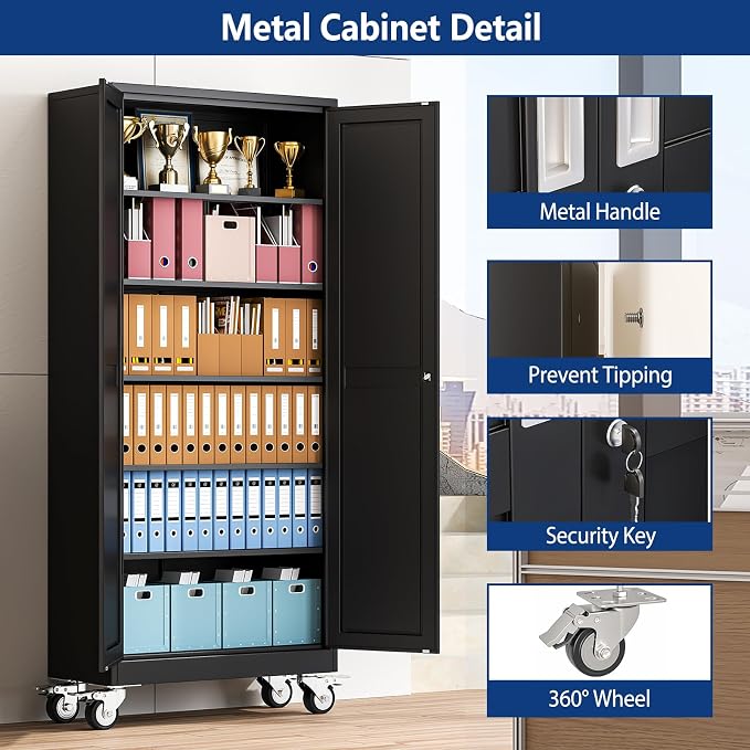 Ckzbx Metal Garage Storage Cabinet with Locking Doors and Adjustable Shelves,75" H Rolling Tool Storage with Wheels for Garage,Office (Black)