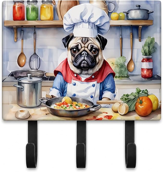 Caroline's Treasures Pug The Chef Leash or Key Holder Wall Hooks, Key Hooks Holder, Coat Rack Wall Mount, Coat Hooks, Hooks for Hanging Keys, Towels, Aprons, Leashes | Pug The Chef artwork on ceramic tile with three steel hooks for keys, leashes, towels