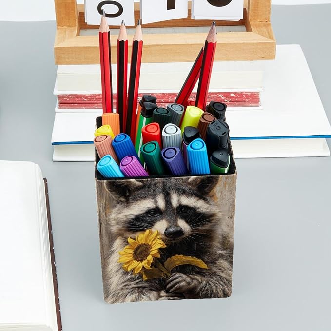 Sunflower and Raccoon Pen Holder for Desk Decor, Rectangular PVC Leather Pencil Cup for Desk Pen Organizer, Makeup Brush Holder for School, Home, Office