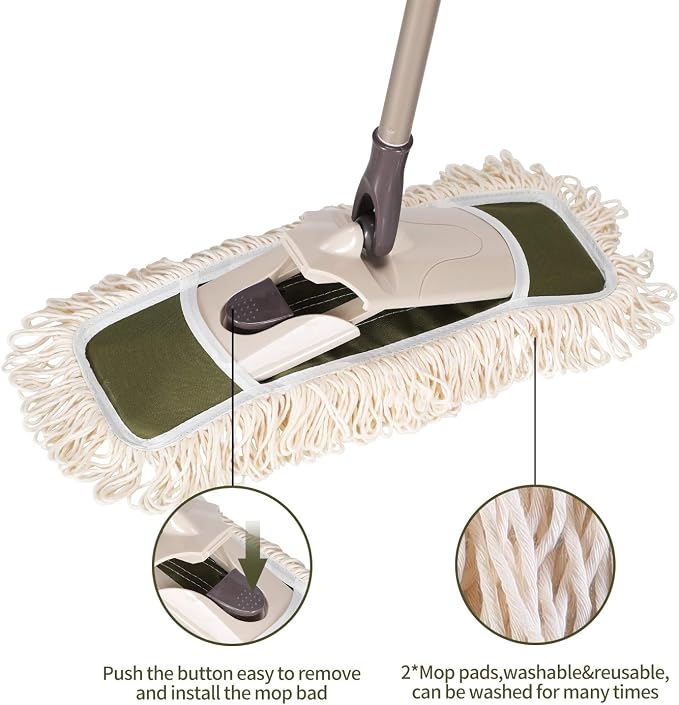 Eyliden Dust Mop, 2 Microfiber Pads, Home Commercial Cleaning, Quick Swap | 52.6" Adjustable Handle, 360° Swivel, Washable, Wet Dry Mops for Kitchen Hardwood Vinyl Tile Floor Cleaning, Push Dust Broom