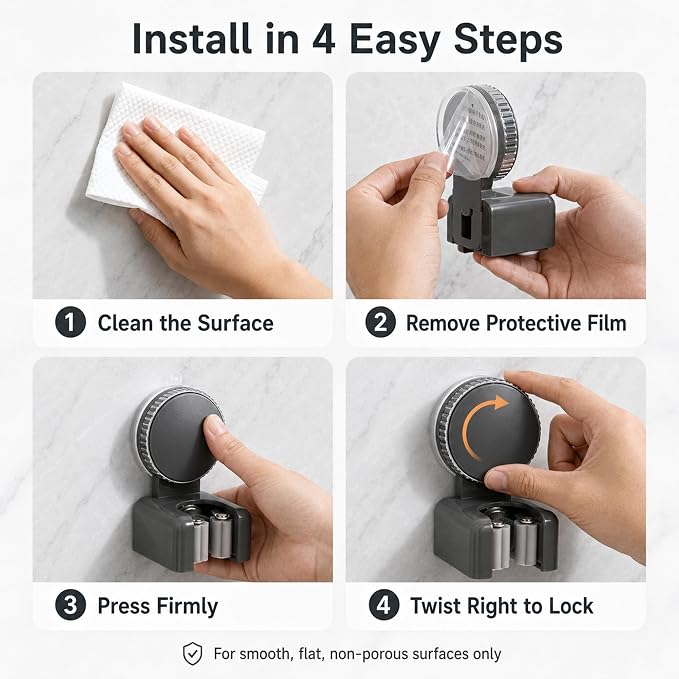 Suction Cup Mop and Broom Holder Wall Mount, 2 Pack | No Drill, Rotating Mop Gripper and Broom Hanger, For Bathroom, Kitchen, Laundry Room