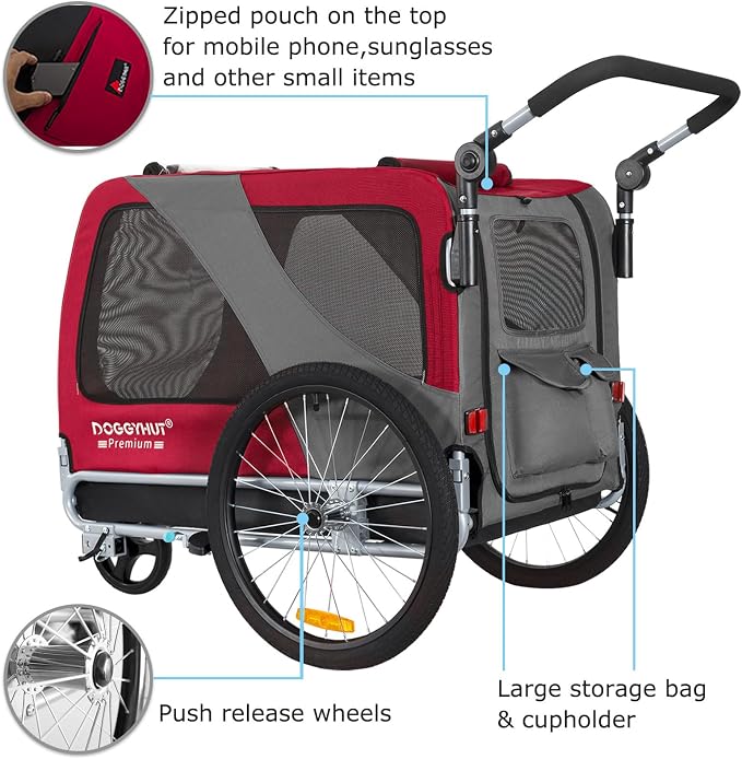 DOGGYHUT® Premium X Large Pet Bike Trailer & Stroller Up to 100 lbs (Red) | Bicycle Trailer for Small Medium or Large Dogs, Dog Bicycle Carrier, Low Center of Gravity, Folding Frame Cart