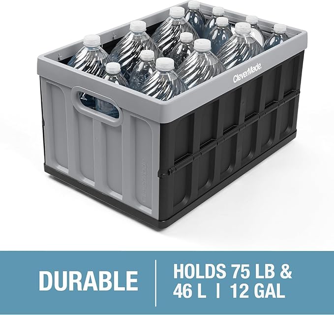 Collapsible Storage Bin (With Lid) (100% Recycled) - 46L - Obsidian (3PK) | Keep Stored Items Covered and Stackable | Each Bin Holds 75 lb, the Lid Stores Underneath, and the Crate Folds to 2.5 Inches