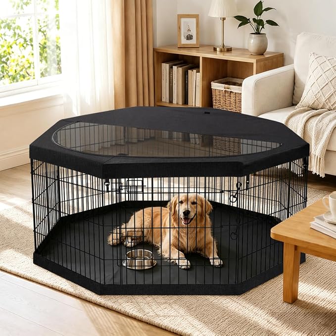 PETIME Foldable Metal Dog Exercise Pen/Pet Puppy Playpen Kennels Yard Fence Indoor/Outdoor 8 Panel 24" W with Top Cover and Bottom Pad