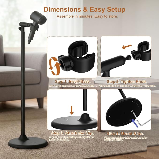 Mistriddle Hands Free Hair Dryer Holder Floor Stand, 17.2-51" Adjustable | For Home, Salon & Pet Grooming, Universal TPU Clip, Stable Aluminum Base with Organizer Hook (Black)