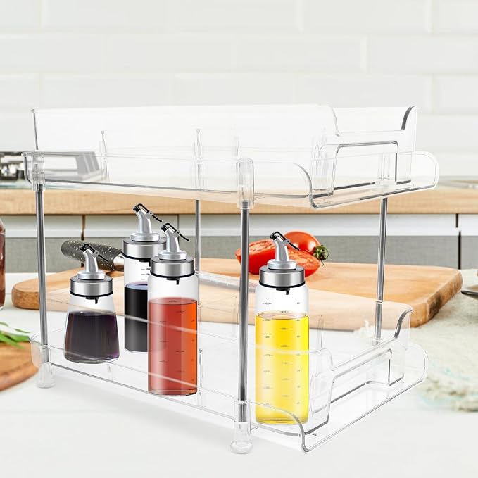 Ipetboom Double-layer Pull-out Storage Shelf Organizer for Kitchen and Bedroom, Made of Pet and Stainless Steel, Firm and Sturdy with Soft Feel, for Home Supplies and Bathroom Storage