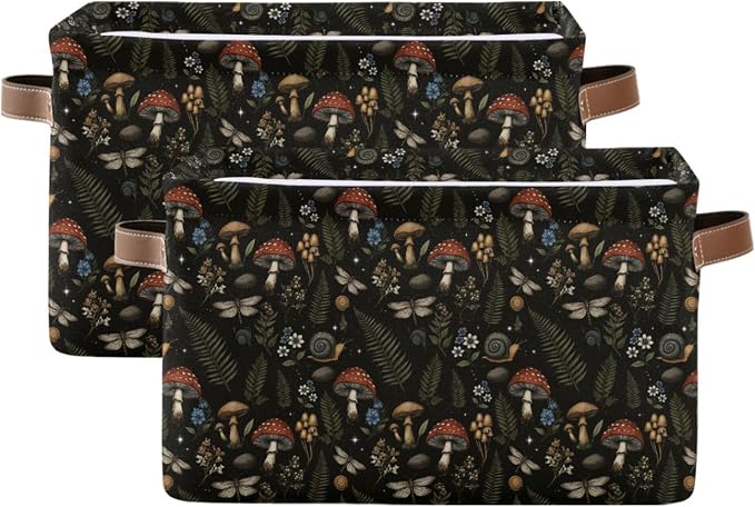Mushroom Botanical Storage Basket Fabric Kitchen Baskets Dragonfly Berry Flowers Fern Open Home Storage Bins Boxes Foldable Organizer Bag for Baby Cloth Pet Toy Book Shelf Closet Baskets 16×12×8 IN