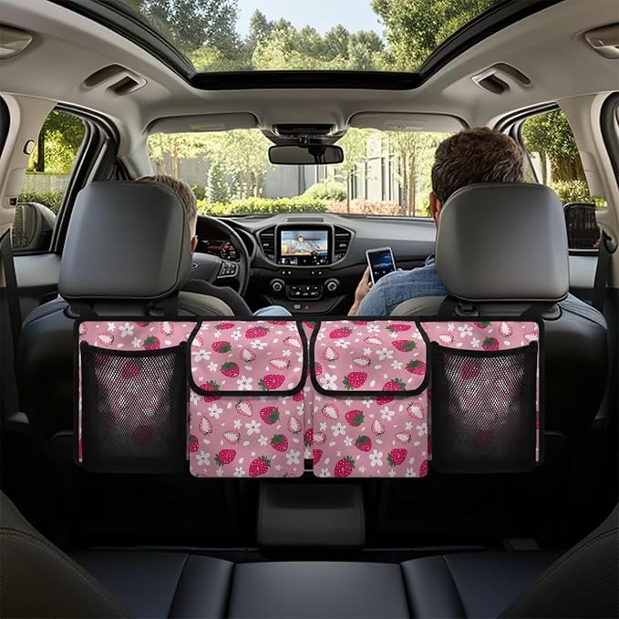 Dreaweet Strawberry Trunk Organizer for Car Women Cute Car Storage Accessories Interior Car Trunk Organizer Back Seat Hanging Storage with 4 Large Pockets,Hanging Trunk Organizer for SUV Car Sedan