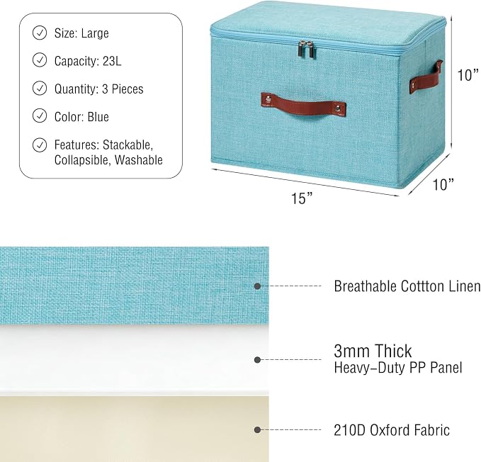 3PCS Storage Bins Boxes with Zippered Lid Decorative Baskets | Cotton Linen Fabric, Washable Foldable Stackable Clothes Container, Closet Shelf Organizer w/ PU Leather Handles, Blue-Large