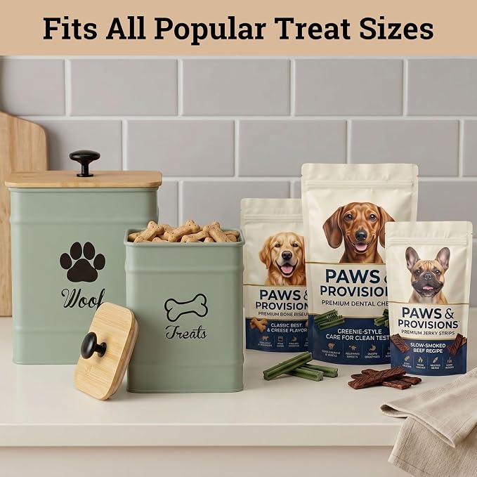 Dog Treat Container Set of 2 with Airtight Bamboo Lids - 8x6 & 7x5 inch | Fits All Popular Treats, Up to 20 Cups Combined Capacity, Airtight Bamboo Lid, Easy Open Lid, Dent-Resistant Durable Metal
