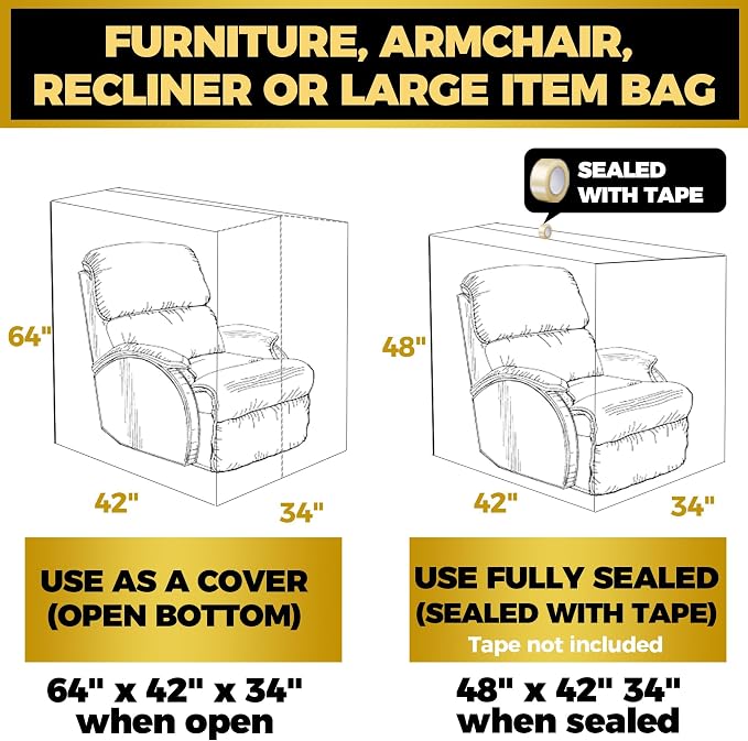Plastic Furniture Covers for Moving Storage - Heavy-Duty Chair Cover Protectors, Waterproof & Dustproof Clear Moving Bags for Armchair or Recliner - Extra Large Bag Open Size 64 x 42 x 34 Inch