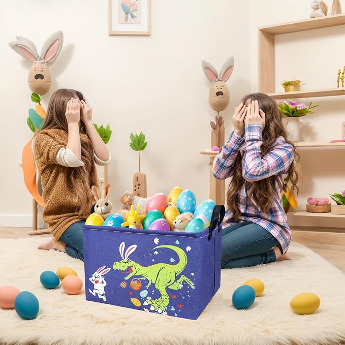Dinosaur Easter Basket for Kid Large Empty Baby Rectangular Cute Easter Gift Storage Basket Bunny Eggs Décor (Dinosaur Rabbit)