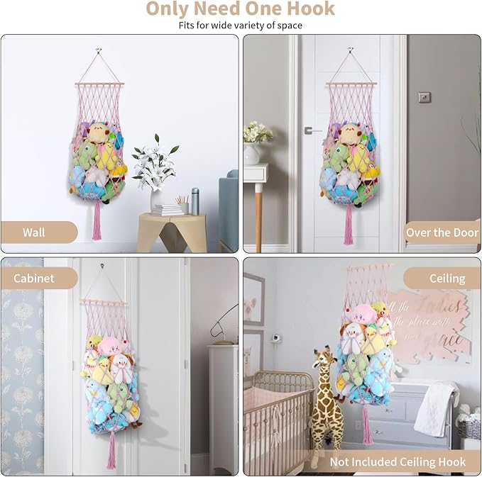 68 Inch Stuffed Animal Storage Hammock Corner Plushie Net,Pink | Boho Macrame Large Toy Hammock for Stuffed Animals Organizer,Wall Ceiling Over Door Stuffy Storage Holder,Nursery Room Decor