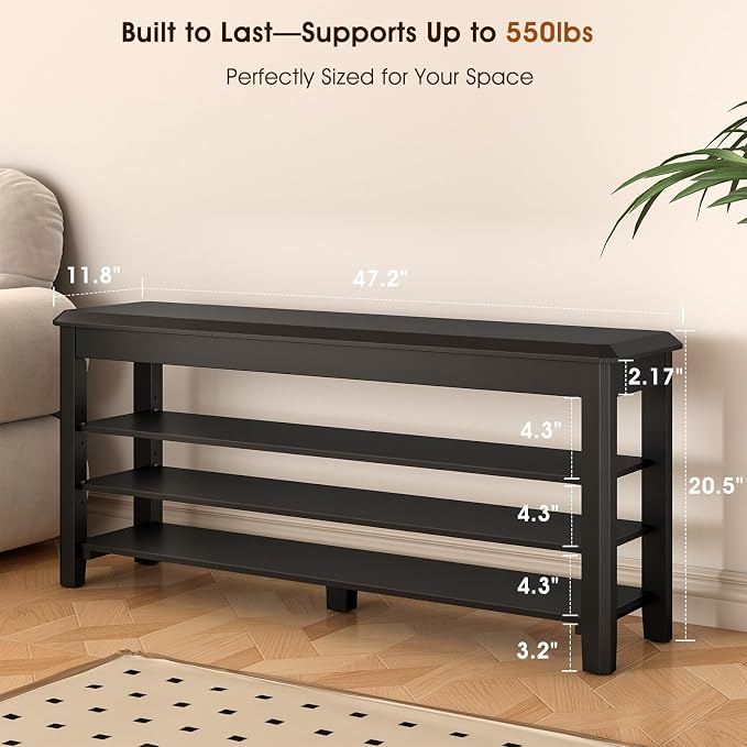 IUNVR Shoe Rack Bench Seat Rubberwood 3-Tier Wooden Storage Bench 550lbs Compact Mid-Century Modern Design for Entryway, Hallway, Closet, Front Door Entrance, Foyer