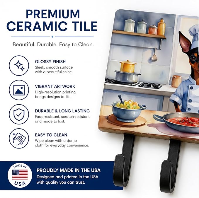 Caroline's Treasures Miniature Pinscher The Chef Leash or Key Holder Wall Hooks, Key Hooks Holder, Coat Rack Wall Mount, Coat Hooks, Hooks for Hanging Keys, Towels, Aprons, Leashes | Miniature Pinscher The Chef artwork on ceramic tile with three steel ...