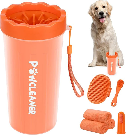 Professional 7 in 1 Dog Paw Cleaner for Dogs & Cats - Includes 1 Portable Paw Washer, 1 Bath Brush, 2 Dog Toothbrushes and 3 Absorbent Towels Note: Fits Paws 2.5 to 3.5 Inches Wide (Orange, Large)