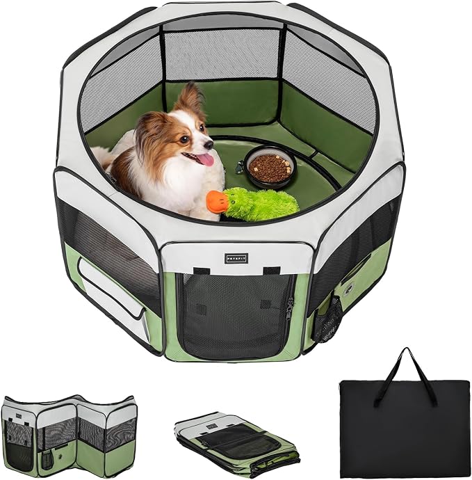 PETSFIT Portable Dog Playpen 29", Removable Waterproof Mat, Zippered Roof | 3-Second Setup, Collapsible Storage, RV Camping Travel, Indoor Outdoor Use, Small Dogs and Cats, 29.5"L x 29.5"W x 16.5"H