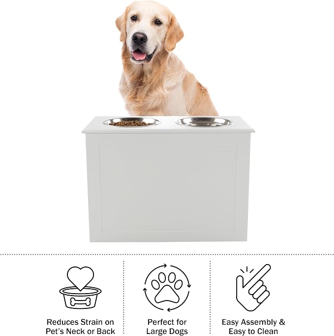 Elevated Dog Bowls with Storage - 16-Inch-Tall Feeding Tray with Hidden Storage Space for Pet Supplies - 50oz Capacity Bowls by PETMAKER (White)