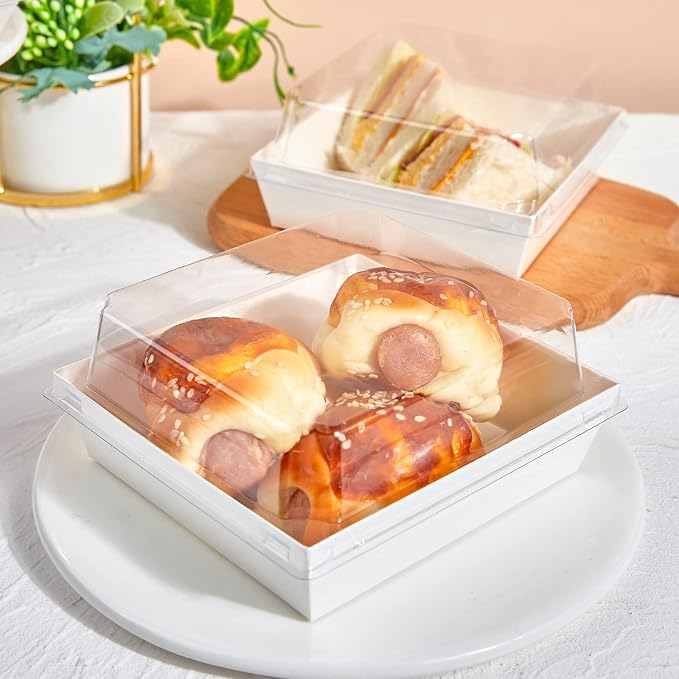 ZORRITA 50 Pack 5 Inch Paper Charcuterie Boxes with Clear Lids, White | Small, Square, To Go Food Containers, Bakery Boxes, For Mini Cake, Desserts, Cookies, Sandwiches, Strawberries