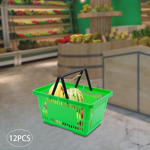 12PCS Shopping Baskets with Handles, 19x13x10inch Plastic Storage Bins Grocery Baskets, Portable Shop Basket Used for Supermarket, Retail, Bookstore (Green)