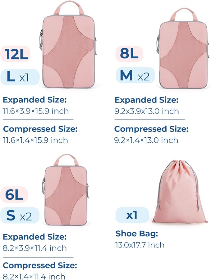 Bagsmart Compression Packing Cubes, Travel Bag Cruise Ship Essentials | Lightweight, Compressible Suitcase Organizer Set fit Standard Carry-On & Checked Luggage, 6 Set, 14 Set Washable Packing Bags