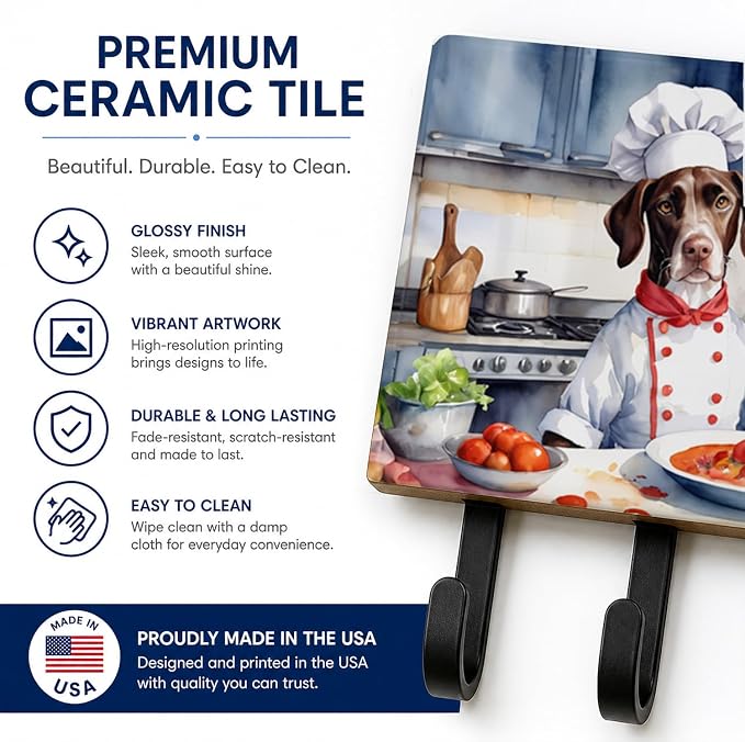 Caroline's Treasures Pointer The Chef Leash or Key Holder Wall Hooks, Key Hooks Holder, Coat Rack Wall Mount, Coat Hooks, Hooks for Hanging Keys, Towels, Aprons, Leashes | Pointer The Chef artwork on ceramic tile with three steel hooks for keys, leashe...
