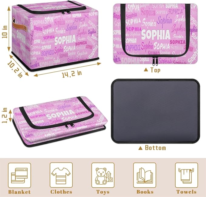 Custom Name Storage Bin with Lid Zipper, Personalized Pink Rectangular Storage Basket with Handles for Organizing Boys Girls Toys Office Closet Shelf Baskets