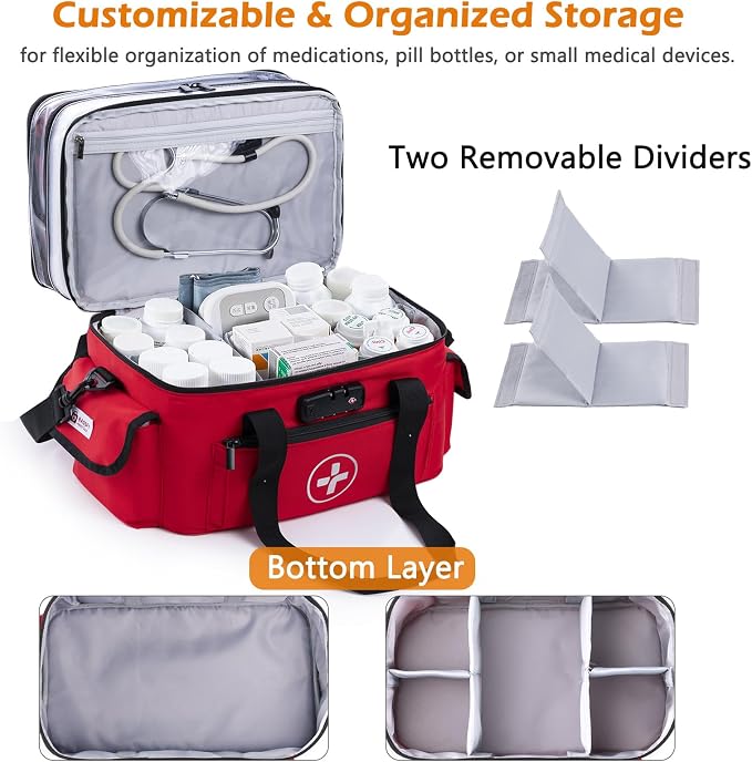 BAGSFY 3-Tier Medicine Organizer with Combination Lock – Large Medicine Bag, Empty First Aid Kit Case, Pill Bottle Medical Supply Organizer, Travel Prescription Bag, Medication Storage Container