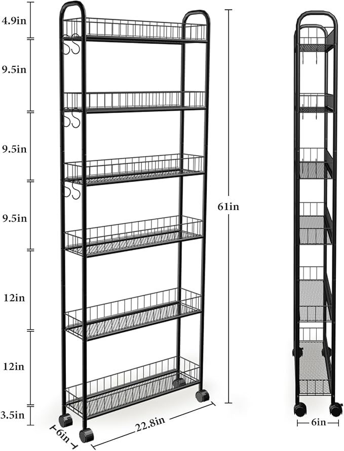 6in 6 Tier Slim Storage Cart with Wheels, Narrow Space Rolling Shelving Unit, Metal Wire Mobile Organizer Rack for Kitchen Bathroom Office Laundry