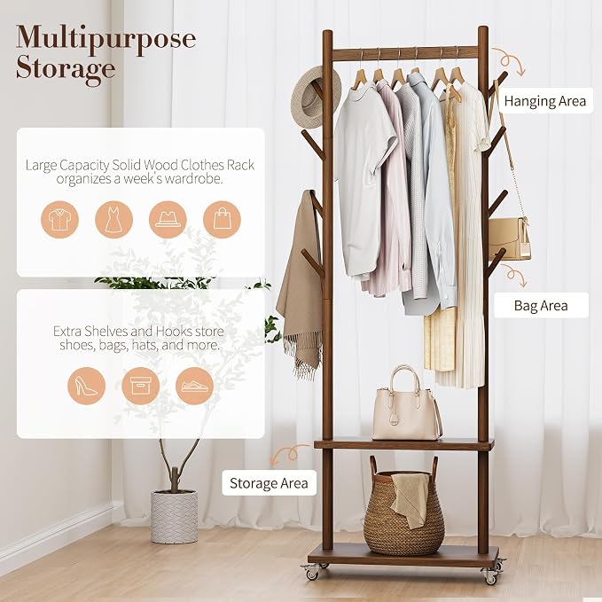Yoobure Solid Wood Coat Rack Freestanding - Rolling Clothes Rack with 8 Hooks & Shelves, Small Clothing Rack with Wheels, Heavy Duty Clothing Racks for Hanging Clothes, Portable Hall Tree for Entryway