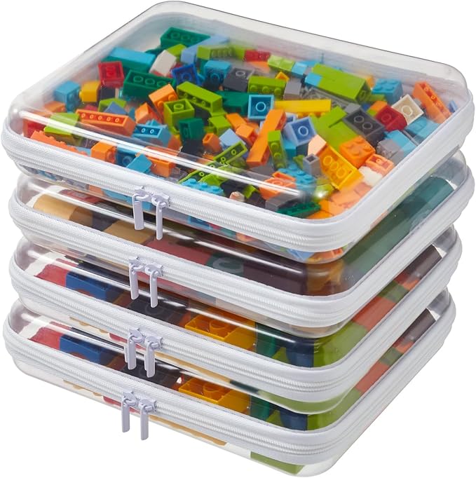 4PCS Large Clear Hard Shell Zipper Case, Makeup Organizer & Toy Storage Bag for Lego Bricks, Diaper Pouches, Cosmetic Bags, Transparent Pencil box, Puzzle Board Game, Portable Travel Toiletries