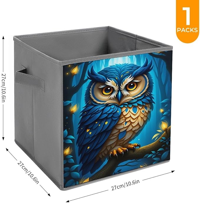 Moonlit Owl Foldable Storage Bins, 10.6" Cube Storage Organizer, Sturdy Oxford Cloth Fabric Baskets for Closet, Shelf, Nursery, Bedroom, Decorative Printed Box for Toys & Clothes