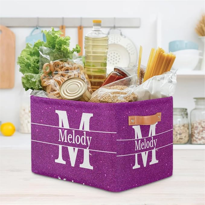 Custom Initial Letter Storage Basket, Dark Magenta Purple Glittering