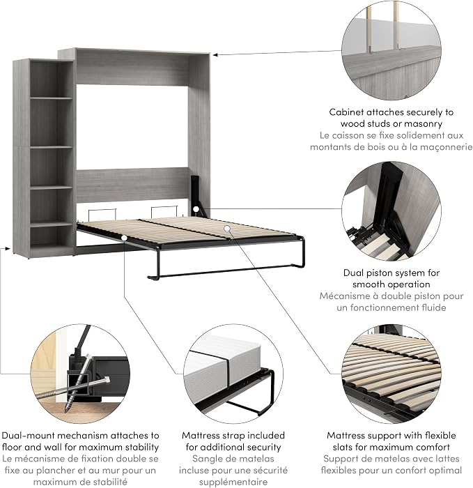 Bestar Queen Murphy Bed with Closet, Platinum Gray, Claremont, 85W | Closet Organizer; supports up to 1000 lb; min. ceiling height 88 in.; for guest room or multipurpose space; 10-year warranty