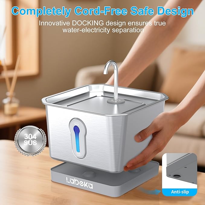 135oz/4L Wireless Cat Water Fountain, [304 Stainless Steel]&[Water and Electricity Separation Safety Design], Pet Fountain for Cats Inside, Innovative Design Easy to Clean for Cats and Dogs-8 Filters