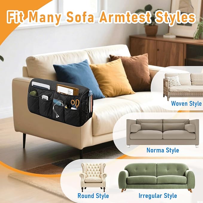 Armchair Caddy, Remote Control Holder for Recliners, Sofa Armrest Organizer, Non Slip Recliner Organizer, Couch Caddy with 14 Pockets Storage for TV Remote, Phone, Magazine (Black)