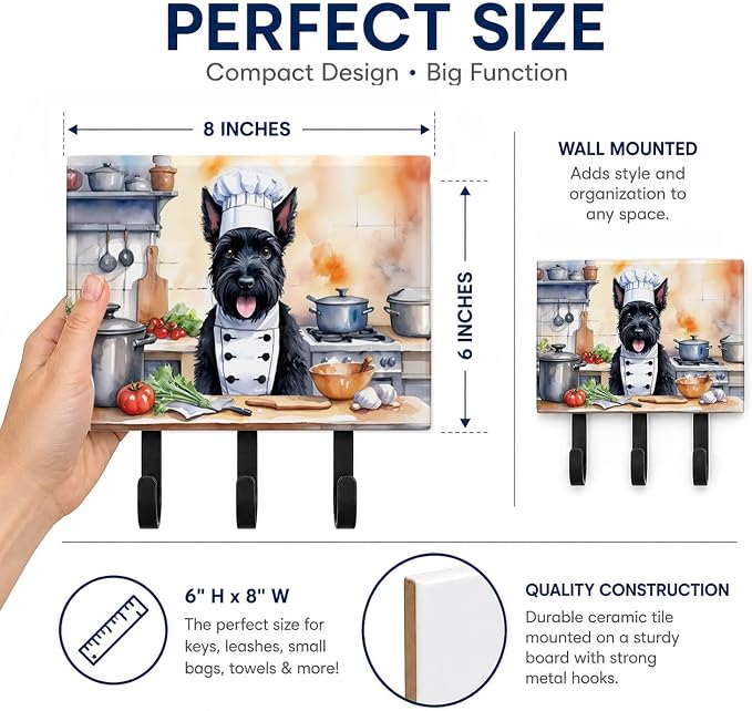 Caroline's Treasures Scottish Terrier The Chef Leash or Key Holder Wall Hooks, Key Hooks Holder, Coat Rack Wall Mount, Coat Hooks, Hooks for Hanging Keys, Towels, Aprons, Leashes | Scottish Terrier The Chef artwork on ceramic tile with three steel hook...