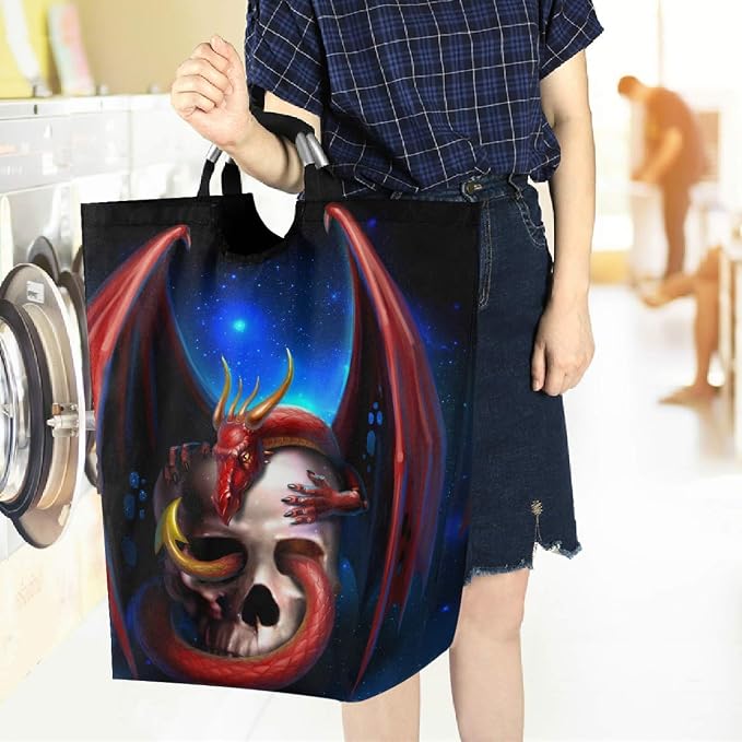 visesunny Red Dragon With Skull Large Laundry Bag Collapsible Oxford Fabric Laundry Hamper Foldable Portable Dirty Clothes Laundry Basket with Handles Waterproof Washing Bin Laundry Tote Bag