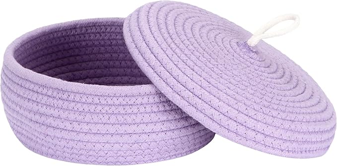 Sea Team Round Woven Cotton Rope Storage Basket with Lid, Lavender | Lidded Knitted Decorative Storage Bin, Pot, Caddy, Organizer, Container for Snacks, Towels, Plants, 10 x 4.5 Inches